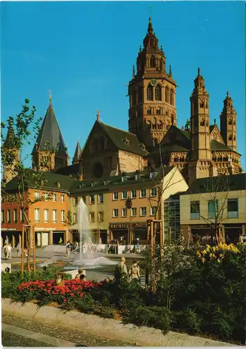 Ansichtskarte Mainz Dom, Vorplatz mit Geschäften und Wasserspiele 1980