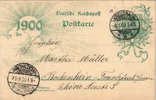 Ganzsache Deutsches Reich Germania 1900 Stempel Kreuznach Frankfurt Bockenheim