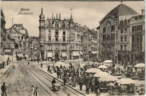 Ansichtskarte Basel Marktplatz, Geschäfte - Markttreiben 1908