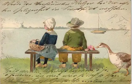 Ansichtskarte  Kinder Künstlerkarte Windmühle Holland Gans 1905