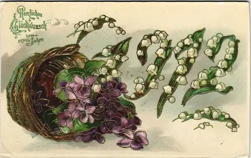 Ansichtskarte  Neujahr - Prägekarte - Goldrand Blumenkorb 1911 Goldrand