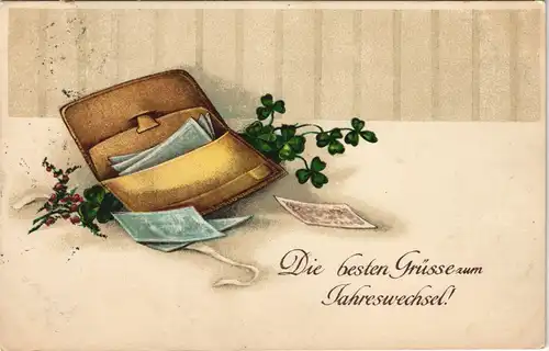Ansichtskarte  Neujahr/Sylvester - Geldbörse, Geldscheine - Kleeblatt 1912