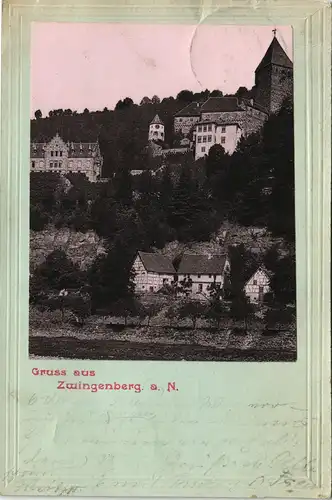 Zwingenberg (Bergstraße) Fotokarte Stadt mit Burg 1901 Passepartout