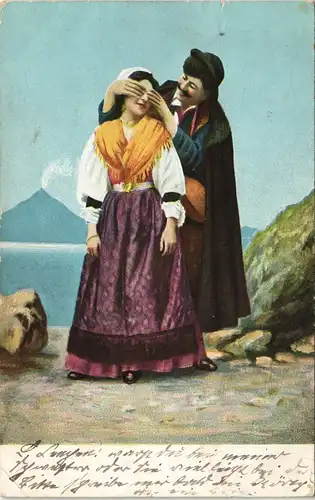 Ansichtskarte  Liebespaar - Mann hält Frau die Augen zu 1908