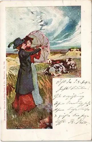 Ansichtskarte  Feine Damen auf der Weide bei Sturm - Künstlerkarte 1901