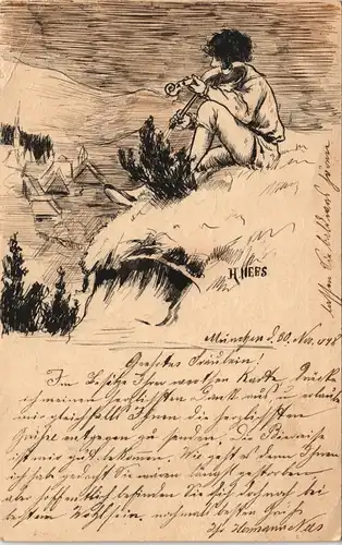 Künstlerkarte handgefertigt Geiger  sig. H. Ness gel. auf Ganzache Bayern 1898