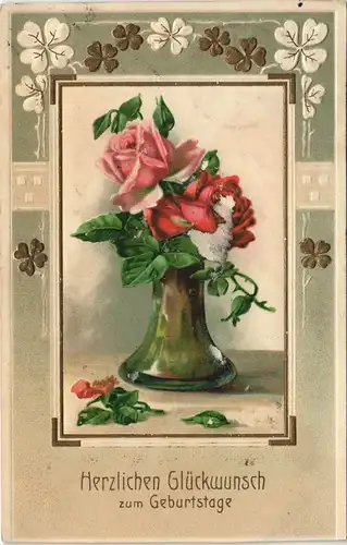 Glückwunsch Grußkarten Geburtstag Blumen gerahmt mit Kleeblätter 1912 Prägekarte