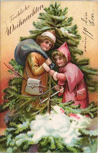 Ansichtskarte  Weihnachten - Kinder als Weihnachtsmänner am Tannenbaum 1915