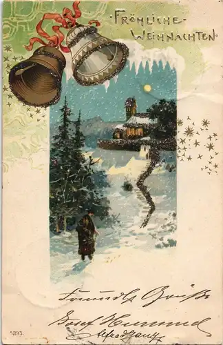 Grußkarte Weihnachten Glocken Winter-Landschaft 1900 Bockenheim (A-Stempel)