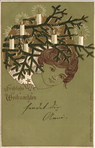 Glückwunsch Grußkarte Weihnachten Mädchen Silhouette 1906 Goldrand/Prägekarte
