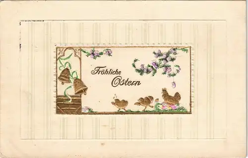Grußkarte Ostern Geprägte Glocken Küken 1915 Gold Prägekarte Stempel GRIESHEIM
