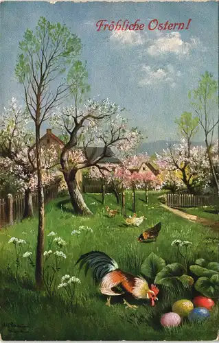 Glückwunsch Grußkarte Ostern Hahn und Hennen mit Ostereiern 1920