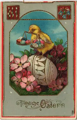 Glückwunsch Grußkarte OSTERN Geprägtes Küken mit Ostereiern 1910 Goldrand