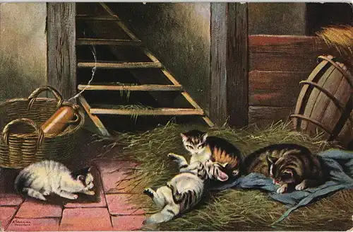 Ansichtskarte  Künstlerkarte Gemälde Kunstwerk - spielende Katzen 1910