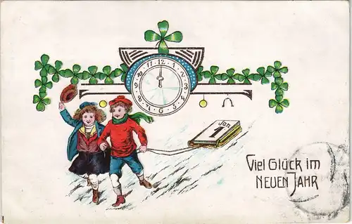 Glückwunsch Neujahr Paar auf Schlittschuhen ziehen 1. Januar 1910 Prägekarte