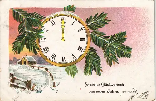 Ansichtskarte  Glückwunsch Neujahr Sylvester Landschaft mit "12 Uhr" 1906