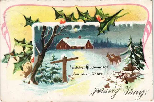 Glückwunsch Neujahr Silvester Künstlerkarte Landschaft Winter 1906