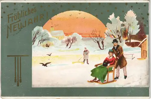 Ansichtskarte  Grusskarte Neujahr Sylvester Schlittenfahrt auf dem See 1907