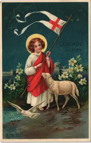 Ostern (Easter) Heilige mit Osterlamm 1913 Prägekarte  gel Stempel F BORNHEIM