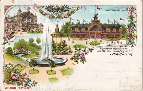 Litho AK Frankfurt am Main 3 Bild: Rosen- & Blumenausstellung gel. 1897