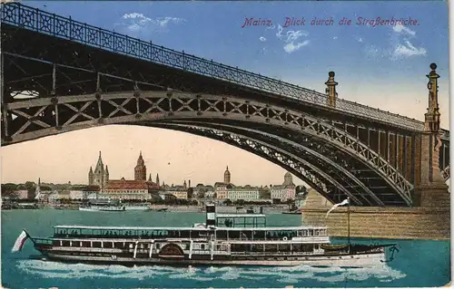Mainz Straßenbrücke Rheindampfer - gel. Feldpost von Mainz 1916
