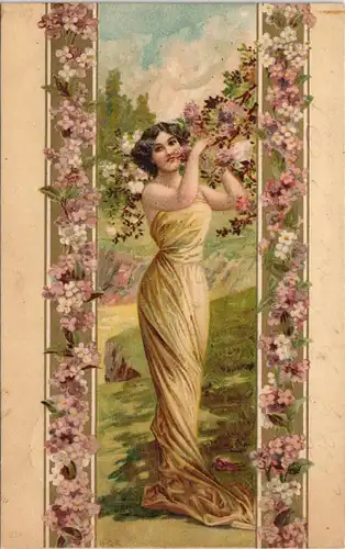 Ansichtskarte Frau - Blumenornament  - gel. F.-Bockenheim 1905 Goldeffekt