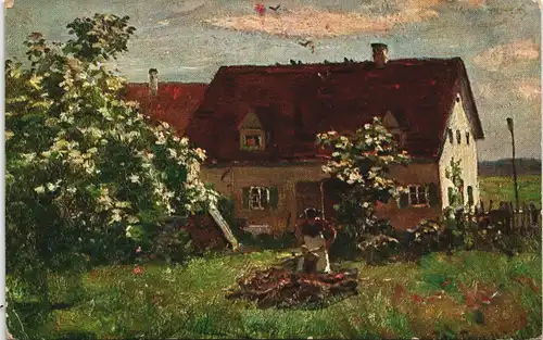Ansichtskarte  Künstlerkarte - Holz machen vor dem Haus 1914