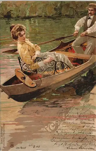 Ansichtskarte  Mann und Frau im Ruderboot - Künstlerkarte Unterwegs 1908