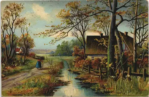 Ansichtskarte  Künstlerkarte Mütterchen mit Reisig im Dorf 1914