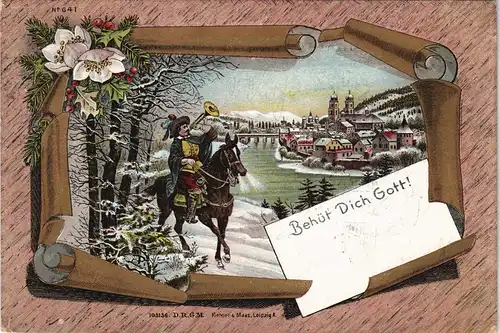Ansichtskarte  Trompeter auf Pferd vor Stadt - Behüt dich Gott 1899
