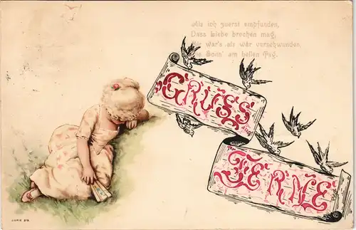 Ansichtskarte  Grüße aus der Ferne - Junge trauende Frau 1899