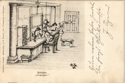 Ansichtskarte  Künstlerkarte Schalter Vergnügen Zwerge am Schalter 1901