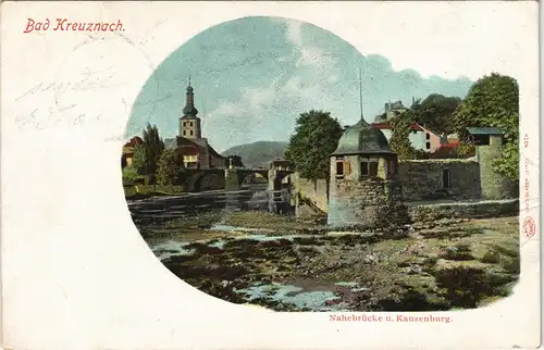 Ansichtskarte Bad Kreuznach Kauzenburg u. Nahebrücke 1900 Passepartout