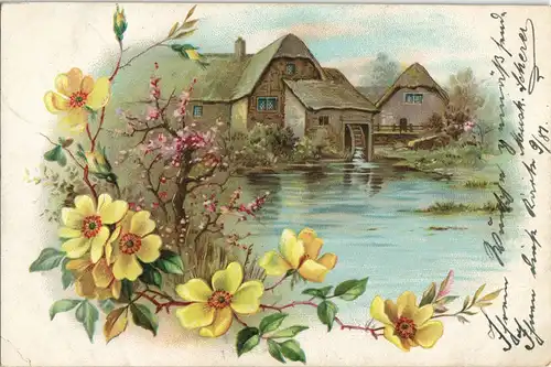 Ansichtskarte  Kinstlerkarte - Blüten und Wassermühle 1899