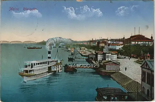 Mainz Rheinufer - Anlegestelle, Rheindampfer - gel. Feldpost 1915