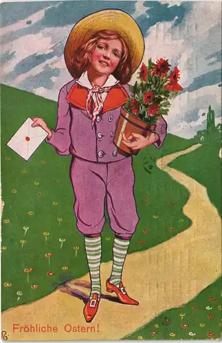 Ansichtskarte  Ostern (Easter) - Kind mit Blumentopf - Fotomontage 1911