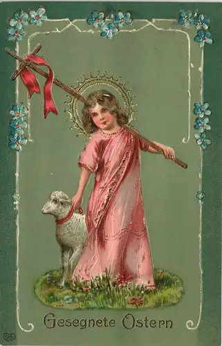 Mädchen mit Osterlamm, Feilchen - Ostern (Easter) 1910 Goldrand/Prägekarte