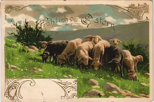 JUGENSTIL - Goldornament Schafherde - Künstlerkarte 1904 Goldrand