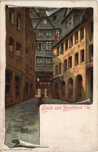 Litho AK Frankfurt am Main Straße Tuchgaden gel Ankunftsstempel Bockenheim 1902