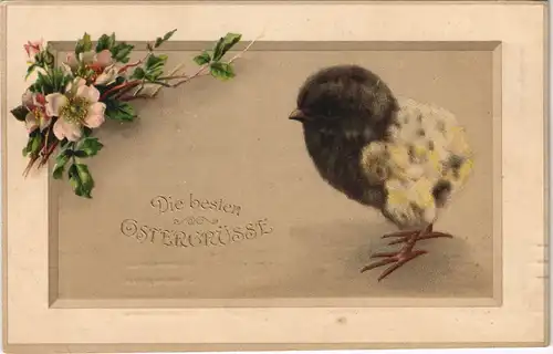 Ansichtskarte  Ostern (Easter) - Küken - Prägeblumen - Gold 1915