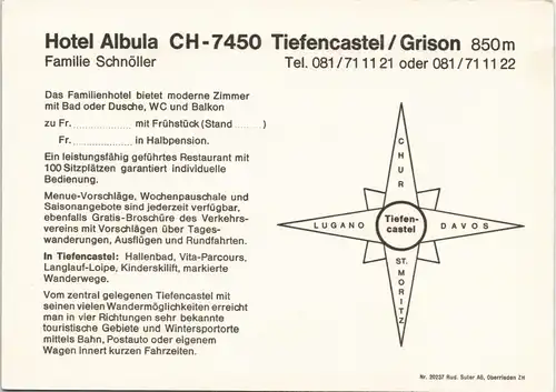 Tiefencastel RESTAURANT HOTEL ALBULA Familie Schnöller Reklamekarte 1980
