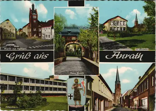 Anrath Mehrbild-AK mit Evgl. Schule, Altersheim, Straßen, Haus Broich 1972