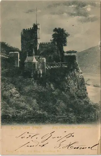 Bingen Rhein Burg Rheinstein b. Mondschein gel. Ankunftsstempel Bockenheim 1902