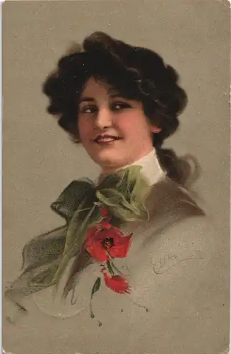 Ansichtskarte  Frau mit Mohnblume, Künstlerkarte Munk Wien 1909
