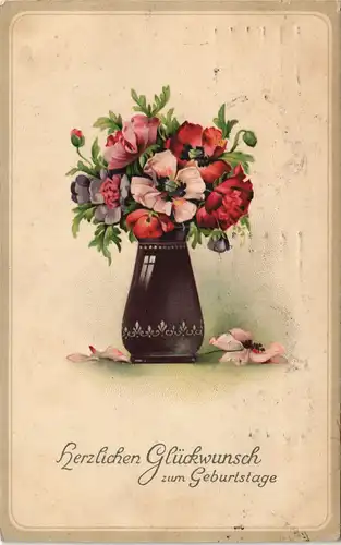 Ansichtskarte  Glückwunsch Geburtstag - Blumenvase u.a. Mohnblumen 1916