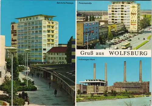 Wolfsburg Mehrbild-AK Porschestraße, VW-Werk, Bahnhofs-Passage 1970