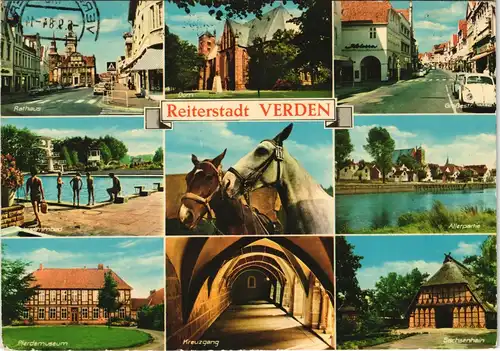 Verden (Aller) Mehrbild-AK mit Schwimmbad, Pferde-Museum, Strassen, Rathaus 1985