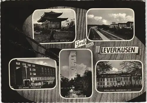 Leverkusen Mehrbildkarte mit Stadt-Autobahn, Gemeindehaus, Bayer Hochhaus uvm. 1968