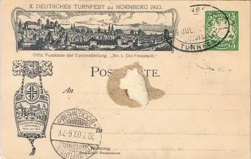 Ansichtskarte Nürnberg Turnfest Ganzsache gel. Sonderstempel 1903