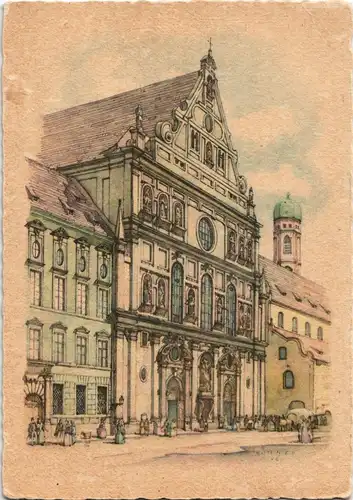 Ansichtskarte München Michaels-Hofkirche Künstler-Ansicht 1950